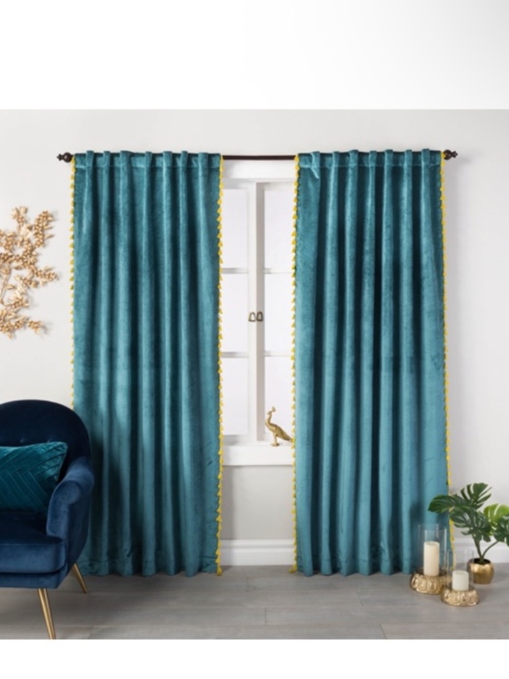 Opalhouse Green Velvet Window Curtain Panel with Gold Trim - Home Accents